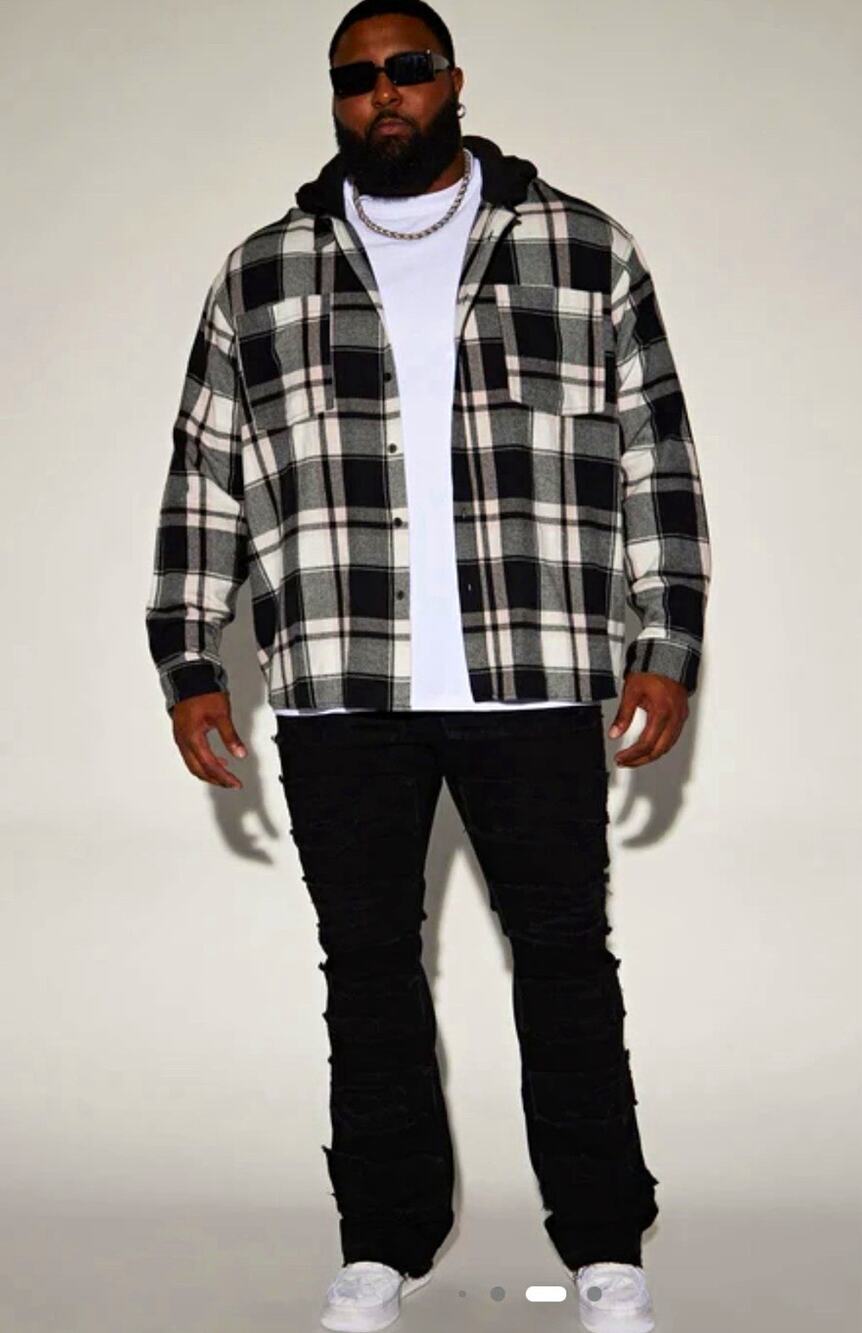 NOVA MEN Black/White Plaid Hooded Oversized Shacket Jacket Mens 3XL Pockets